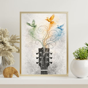 Gitarrenkopf Kunst Illustration fliegender Vögel Poster
