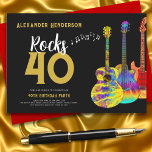 Gitarrenmusik 40. Geburtstag Party Einladung<br><div class="desc">Gitarrenmusik moderne 40. Geburtstagsmusik Party Schwarz und Gold Einladung mit psychedelischen Gitarren und musikalischen Noten. Detaillierte Abbildung einer elektrischen Gitarre mit Feuerflammenmuster und rotem Pick-Guard, einer farbigen semiakustischen Gitarre und einer psychedelischen klassischen akustischen Gitarre. Erstellen Sie eine eigene Rock-and-Roll-Party Einladung zum 40. Geburtstag, um 40 im Rock'n'Roll-Stil zu feiern, ideal...</div>