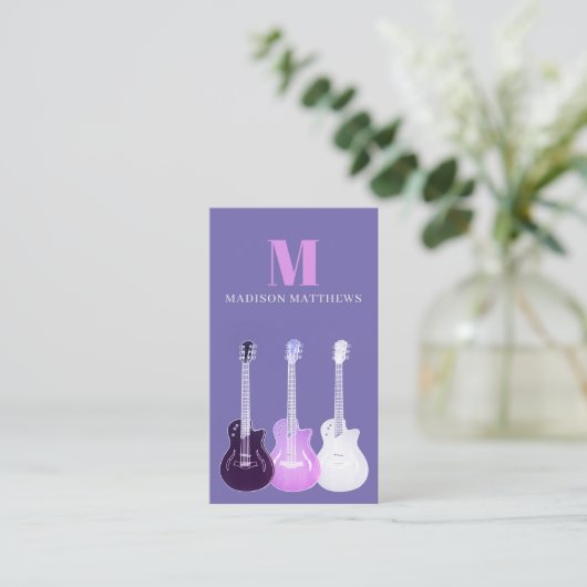 Gitarrenmusiklehrer Lila Visitenkarte (Stehend Vorderseite)
