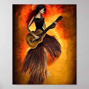 Gitarrenspielerin Rot Sky Abstrakte Originalkunst Poster
