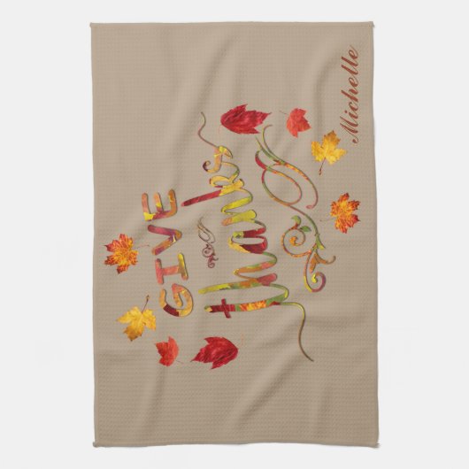 Give Thanks Fall Rustic Thanksgiving Monogram Küchentuch (Vertikal)