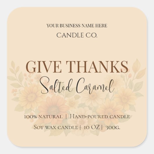 Give Thanks Salted Caramel Candle Label Quadratischer Aufkleber (Vorderseite)