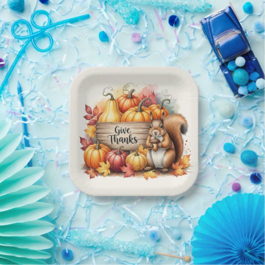 Give Thanks – Whimsical Squirrel & Pumpkin Harvest Pappteller (Party)