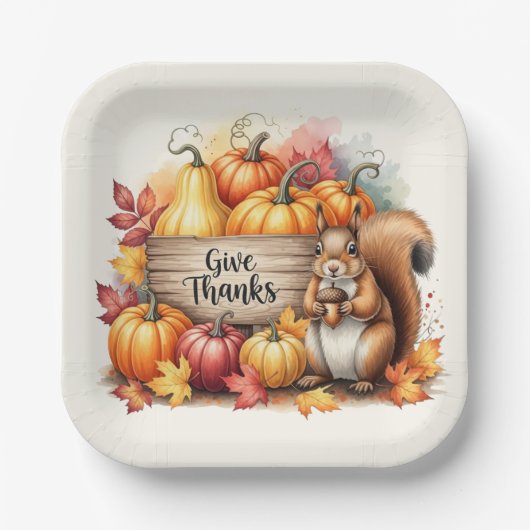 Give Thanks – Whimsical Squirrel & Pumpkin Harvest Pappteller (Vorderseite)