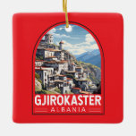 Gjirokaster Albanien Reisen Kunst Vintag Keramikornament<br><div class="desc">Gjirokastër retro Vektorreise Design. Es liegt in einem Tal zwischen dem Gjerë-Gebirge und dem Drino.</div>