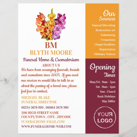 Gladiolus Blume, Beerdigung Zuhause, Direktoren Flyer (Vorne)