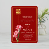 Gladiolus Blume Red Gold Chinesische Hochzeit Folieneinladung (Stehend vorne)