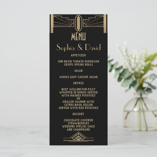 Glam 1920's Great Gatsby Art Deco Wedding Menu Menükarte (Stehend Vorderseite)
