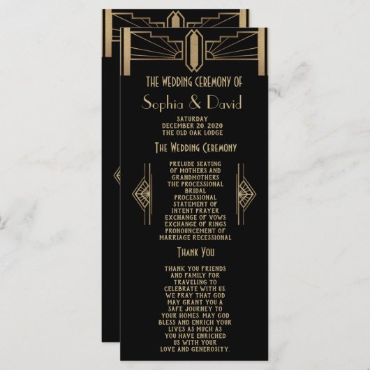 Glam 1920's Great Gatsby Art Deco Wedding Program Programm (Vorne/Hinten)