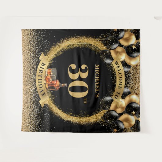 Glam 30. Man Birthday Whiskey Party Hintergrund Wandteppich (Vorderseite (Horizontal))