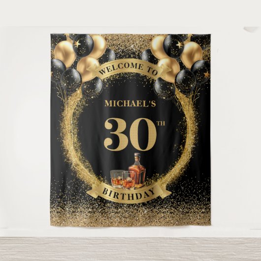 Glam 30. Man Birthday Whiskey Party Hintergrund Wandteppich (Vorderseite)