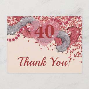 Glam 40. Geburtstag Roter Glitter & Federn Danke Postkarte