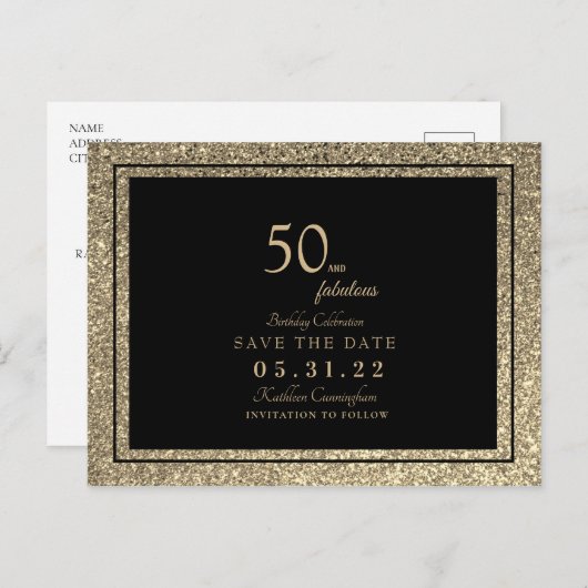 Glam 50 & Fabulous Gold Glitzer Save the Date Post Postkarte (Vorne/Hinten)