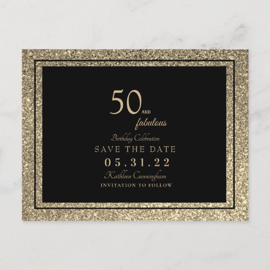 Glam 50 & Fabulous Gold Glitzer Save the Date Post Postkarte (Vorderseite)