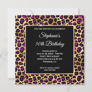 Glam 50. Geburtstag, Gold und Lila Leopard Foil Gl Einladung