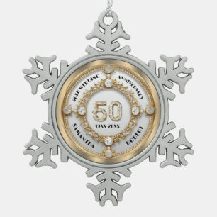 Glam 50 Jubiläum Weißer Diamant Set in Gold Schneeflocken Zinn-Ornament