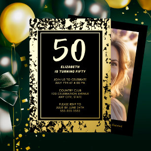 Glam 50. Schwarzes goldenes Geburtstagsfoto Bold L Folieneinladung