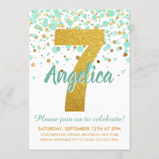 Glam 7. Geburtstag Mint Green Gold Glitzer Confett Einladung