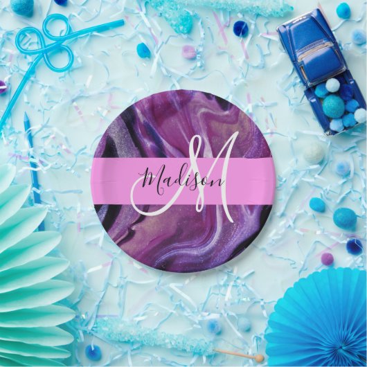 Glam Abstrakt Lila Shimmer Textur Rosa Monogramm Pappteller (Party)