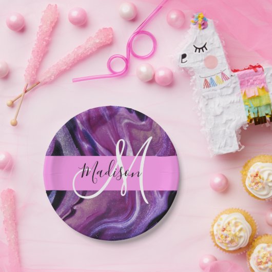 Glam Abstrakt Lila Shimmer Textur Rosa Monogramm Pappteller (Party)
