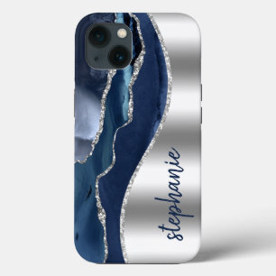 Glam-Achat-Geode Metallic Silber Blau Name Case-Mate iPhone Hülle