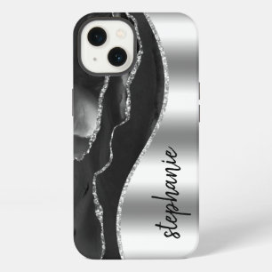 Glam Achat Geode Metallic Silber Schwarz Name iPhone 13 Hülle