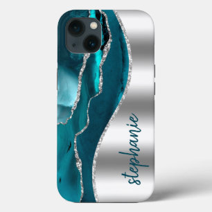 Glam Achat Geode Metallic Silber Türkis Name Case-Mate iPhone Hülle