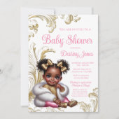 Glam Afro Baby Girl Pink Gold Baby Dusche Einladung (Vorderseite)