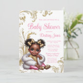 Glam Afro Baby Girl Pink Gold Baby Dusche Einladung (Stehend Vorderseite)