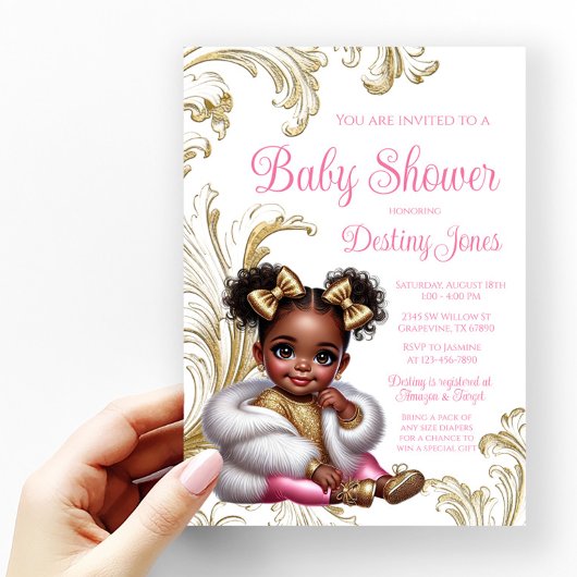 Glam Afro Baby Girl Pink Gold Baby Dusche Einladung