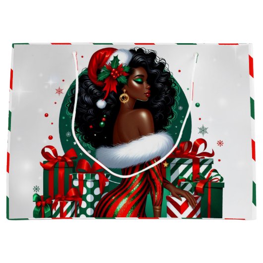 Glam Afro Chic Red & Green Christmas Große Geschenktüte (Vorderseite)