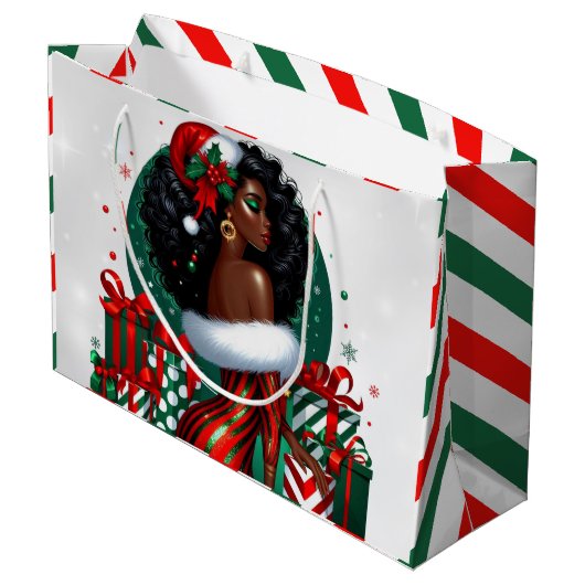 Glam Afro Chic Red & Green Christmas Große Geschenktüte (Rückseite Schrägansicht)