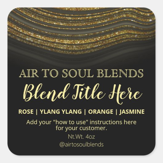 Glam Agate Black Gold Essential Oil Blend Labels Quadratischer Aufkleber (Vorderseite)