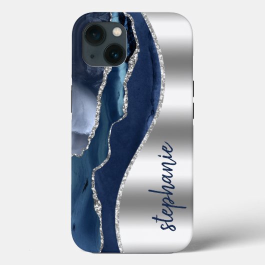 Glam Agate Geode Metallic Silberblauer Name Case-Mate iPhone Hülle (Rückseite)
