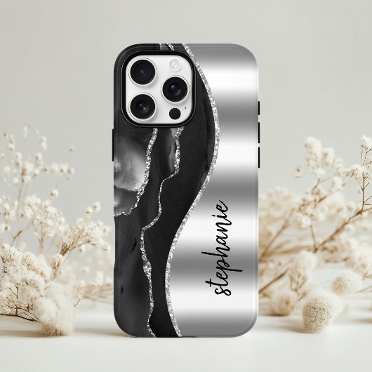 Glam Agate Geode Metallischer Silberschwarzer Name Case-Mate iPhone Hülle