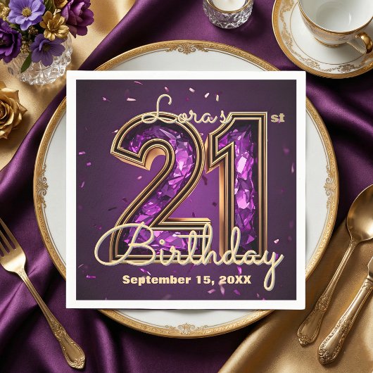 Glam Amethyst Purple Crystal Gold 21st Birthday Serviette