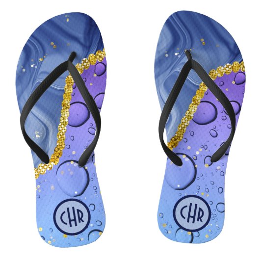 Glam Aqua Blue Water Droplets Ombre | Monogramm Badesandalen (Fußbett)