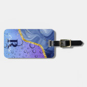 Glam Aqua Blue Water Droplets Ombre | Monogramm Gepäckanhänger (Vorderseite horizontal)