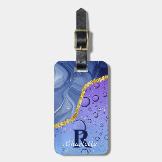 Glam Aqua Blue Water Droplets Ombre | Monogramm Gepäckanhänger (Vorderseite vertikal)