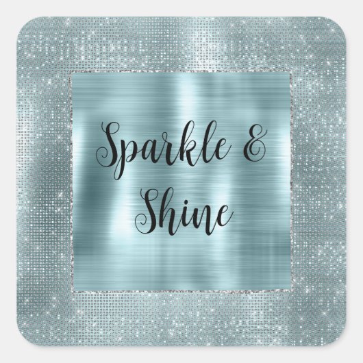 Glam Aqua Glitzy Silver Sparkle Quadratischer Aufkleber (Vorderseite)