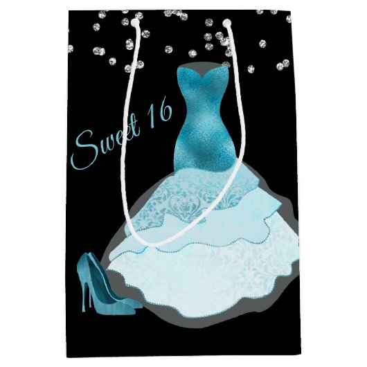Glam Aqua Gown Sweet 16 Geschenktasche Mittlere Geschenktüte (Vorderseite)