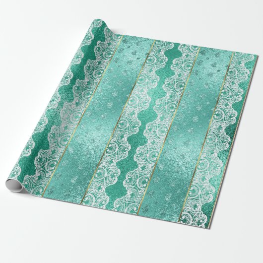 Glam Aqua Mint Green Golden Foil Weiße Spitze Geschenkpapier (Ungerollt)