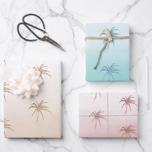 Glam Aqua Rose Gold Tropical Palm Trees Ombre Geschenkpapier Set (Vorderseite)