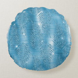 Glam Aqua Tropical Glitzer Blätter Rundes Kissen