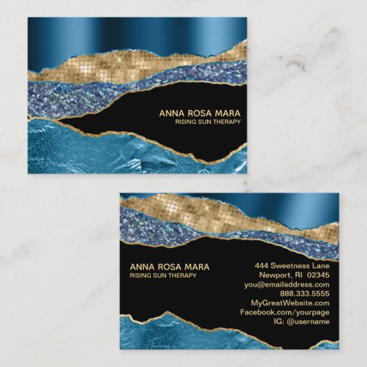 *~* Glam Aquamarin Agate Geode Gold Glitzer Black Visitenkarte (Vorne/Hinten)