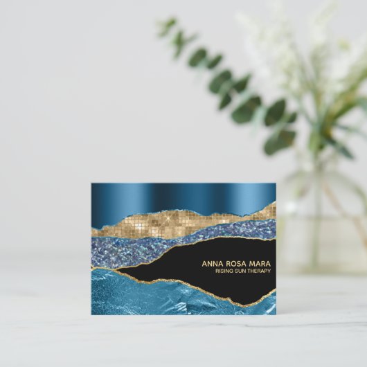 *~* Glam Aquamarin Agate Geode Gold Glitzer Black Visitenkarte (Stehend Vorderseite)