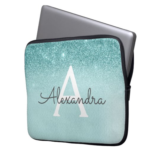 Glam Aquamarin Aqua Blue Glitzer und Sparkle Monog Laptopschutzhülle (Vorderseite Links)
