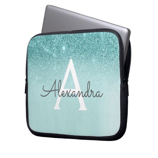 Glam Aquamarin Aqua Blue Glitzer und Sparkle Monog Laptopschutzhülle (Vorderseite Links)