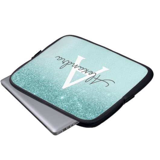 Glam Aquamarin Aqua Blue Glitzer und Sparkle Monog Laptopschutzhülle (Vorne Knopf)