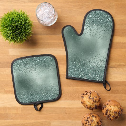 Glam Aquamarin Aqua Pine Green Glitzy Glitzer Ofenhandschuh & Topflappen-Set (Oben Unten)